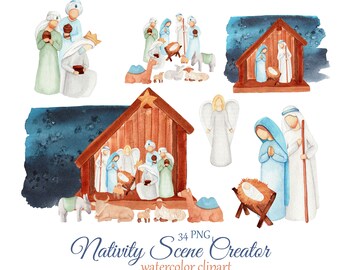 Nativity Christmas clipart, watercolor scene creator