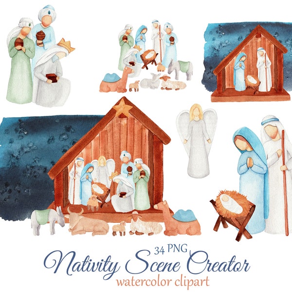 Clipart de Navidad de Natividad, creador de escenas de acuarela.