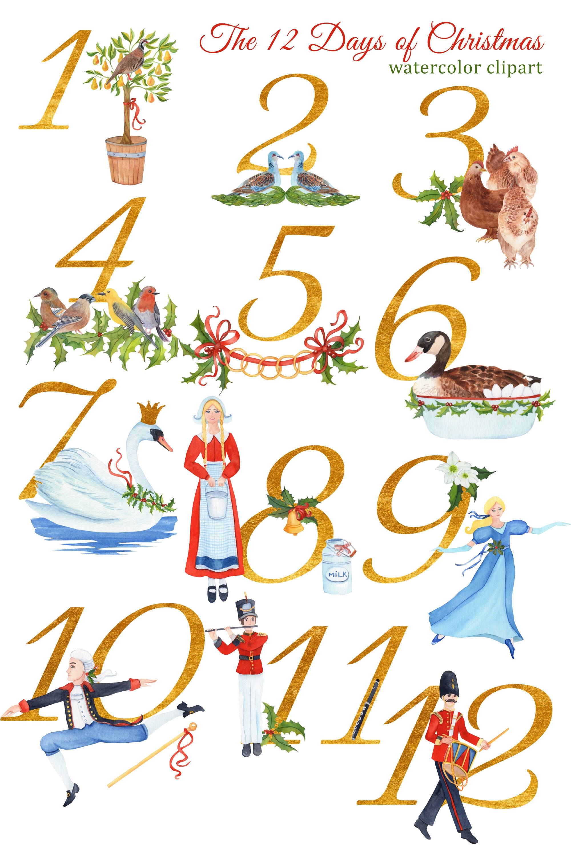 The 12 Days of Christmas Watercolor PNG Clipart With Gold Numbers for ...