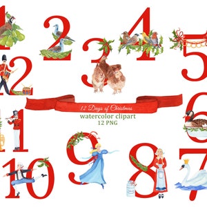 12 Days of Christmas Aquarell Clipart, Weihnachtslied Illustration, rote Zahlen, Rebhuhn in einem Birnbaum, Turteltaube, Vögel rufen
