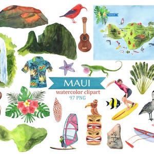 Creador de mapas de acuarela de la isla de Maui, Hawái. Elementos de islas tropicales, monumentos, tiki, ukelele, playas, flores, peces y creador de mapas de surf.