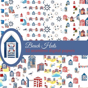 Set di carte digitali per capanne da spiaggia, motivo senza cuciture sull'oceano, carta per album nautici, carta per decoupage