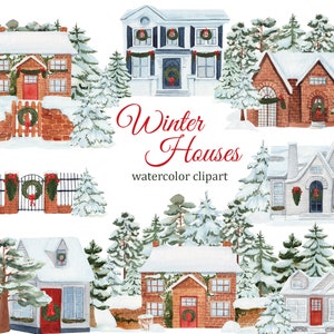 Aquarel Winter House Clipart, Kerstboom PNG, Kerstlandschap clipart scène maker