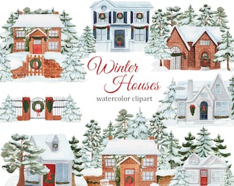 Watercolor Winter House Clipart, Christmas tree PNG, Christmas Landscape clipart scene creator