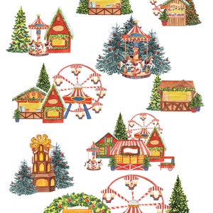 May include: Watercolor illustration of a Christmas market with various stalls, a carousel, a Ferris wheel, and Christmas trees. The stalls are decorated with red and white stripes, and the trees are decorated with ornaments and lights. The text "Christmas Market" is written on a sign.