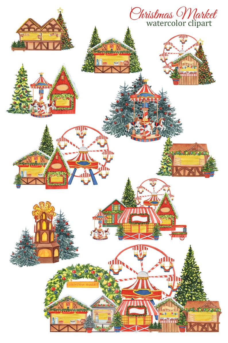 May include: Watercolor illustration of a Christmas market with various stalls, a carousel, a Ferris wheel, and Christmas trees. The stalls are decorated with red and white stripes, and the trees are decorated with ornaments and lights. The text "Christmas Market" is written on a sign.
