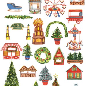 May include: Watercolor illustrations of a Christmas market with various elements, including a Ferris wheel, carousel, gingerbread houses, decorated Christmas trees, wreaths, and stalls. The illustrations are perfect for creating festive designs.