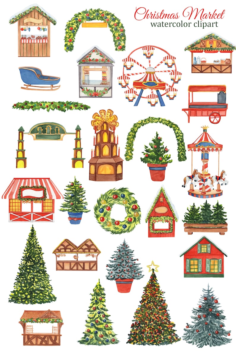 May include: Watercolor illustrations of a Christmas market with various elements, including a Ferris wheel, carousel, gingerbread houses, decorated Christmas trees, wreaths, and stalls. The illustrations are perfect for creating festive designs.