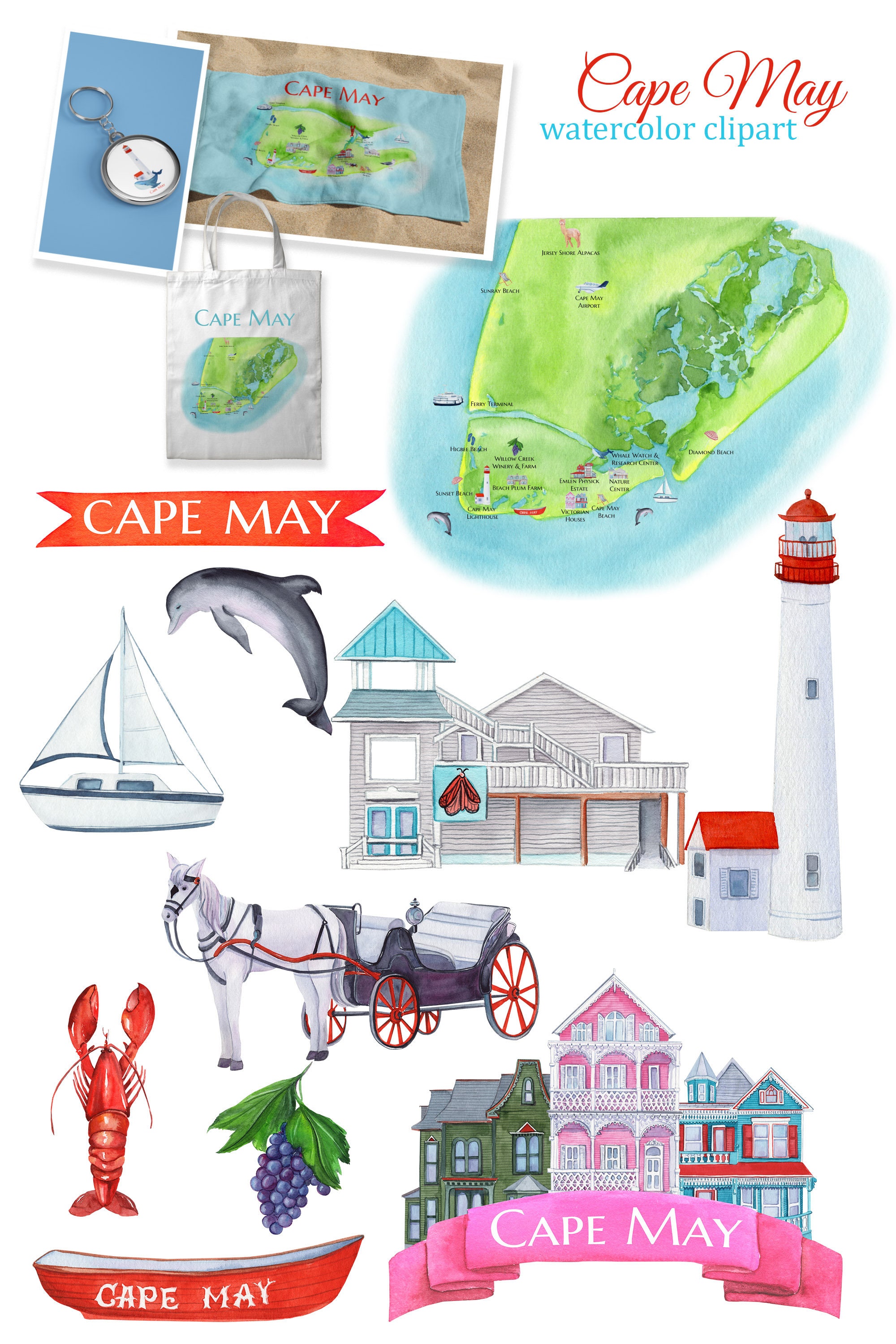 Cape May New Jersey Watercolor Clipart Map Poster Lighthouse Etsy