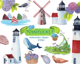 Nantucket Island watercolor clipart, map poster, lighthouse painting, sublimation png, wedding invitation, travel souvenir