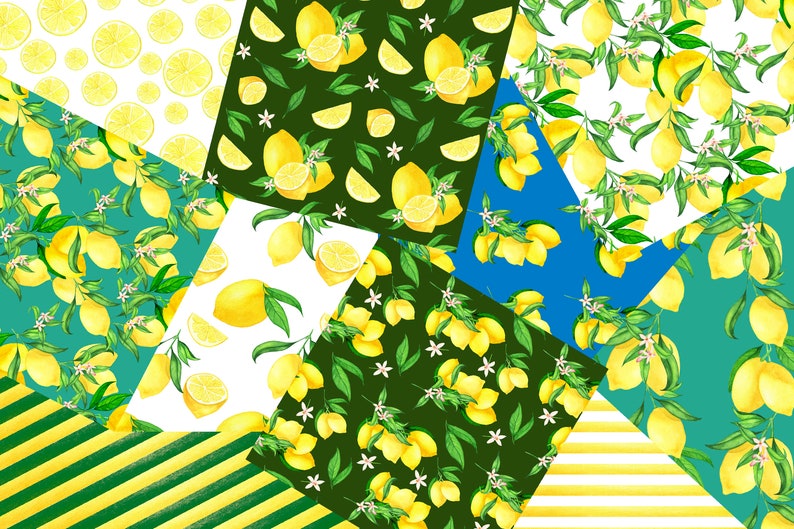 Lemon Digital Paper Pack Watercolor Lemon seamless pattern set