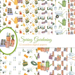 Spring gardening seamless pattern digital papers pack, spring background, garden tools, scrapbook paper