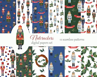 Nutcrackers Christmas Digital Paper Pack. Watercolor scrapbook paper, decoupage paper