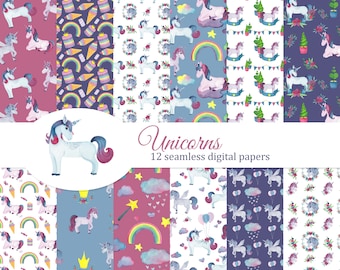 Unicorns digital papers set, seamless pattern, rainbow, hearts, stars, scrapbook paper, decoupage paper