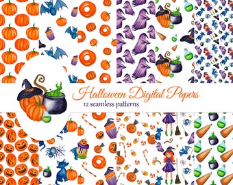 Halloween Digital Papers con carino Strega, Fantasma, Gatto, zucche. Prenotazione di Halloween