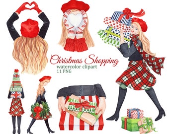 Christmas shopping girl clipart, Christmas gifts, watercolor fashion PNG clipart, Christmas tree