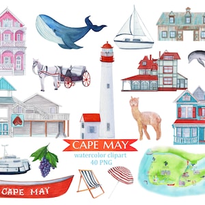 Clipart ad acquerello di Cape May New Jersey, poster della mappa, pittura del faro, png a sublimazione, invito a nozze, souvenir di viaggio