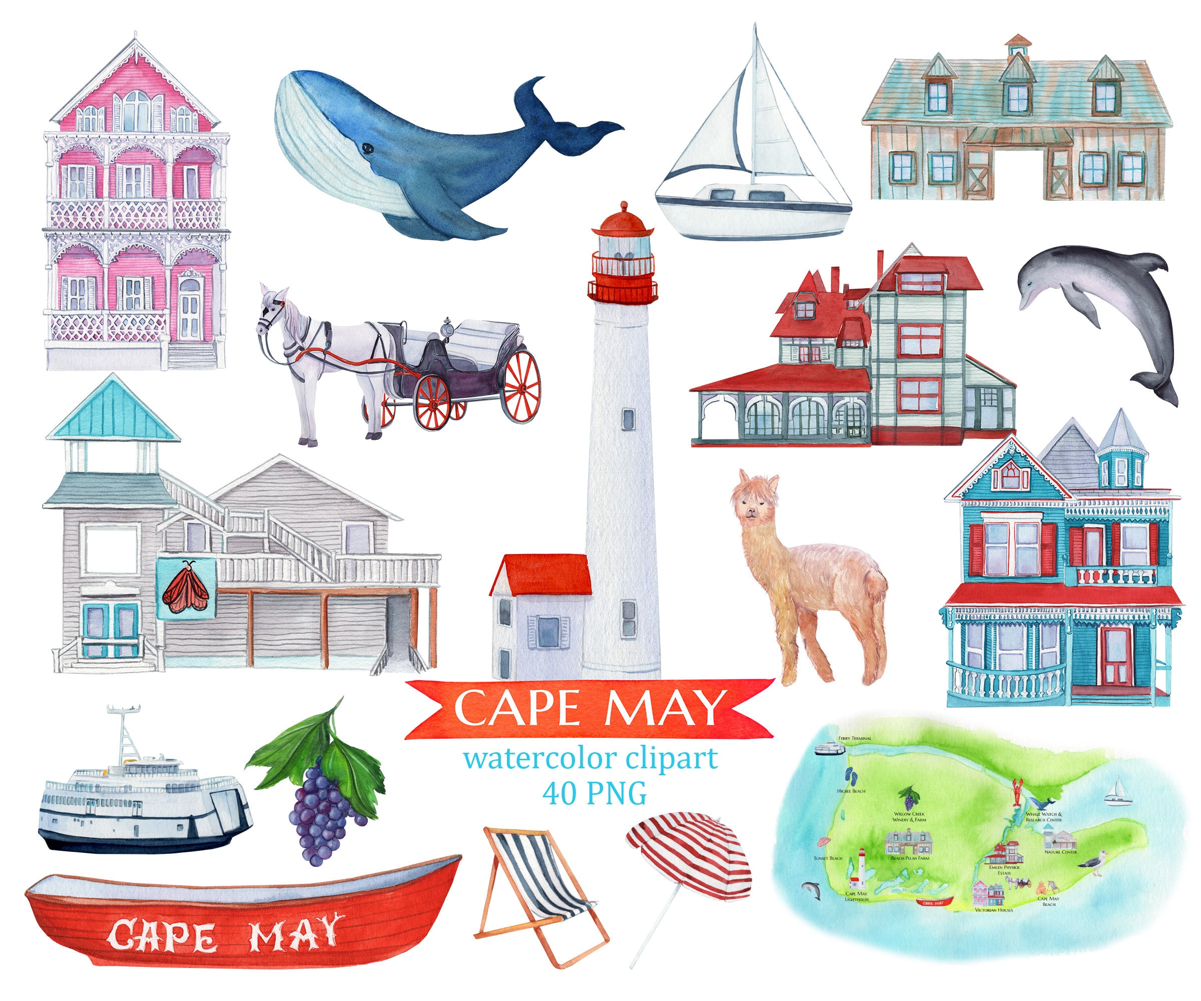 Cape May New Jersey Watercolor Clipart Map Poster Lighthouse Etsy