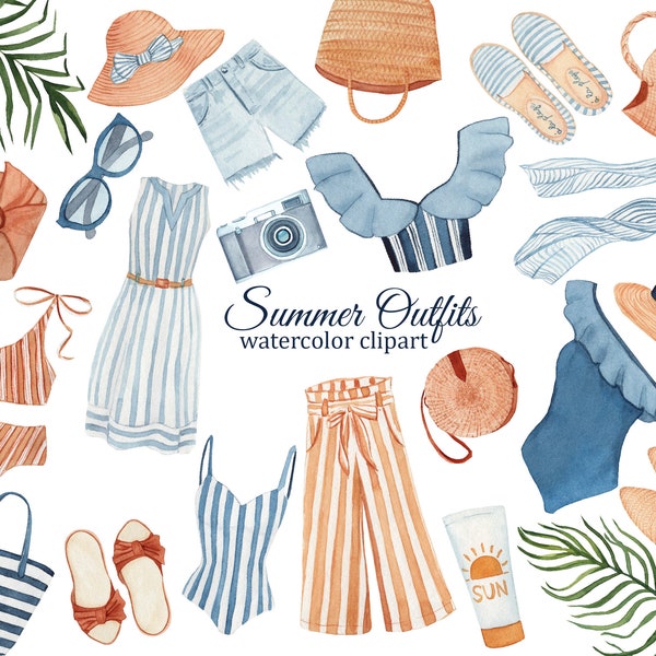 Summer Fashion aquarelle Clipart, vêtements pour femmes, collection de tenues de vacances pour blog, magazine, autocollants de planificateur