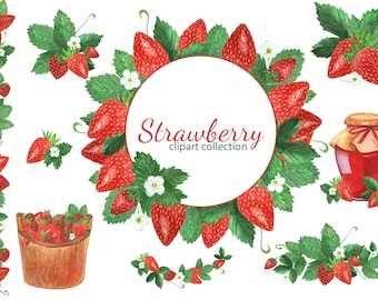 Clipart de morango em aquarela, molduras de morango, clipart de casamento de morango, download instantâneo, frutas de verão