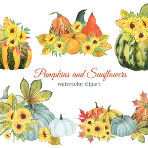 Autumn pumpkins composition with sunflowers, Thanksgiving watercolor clipart, farm clipart