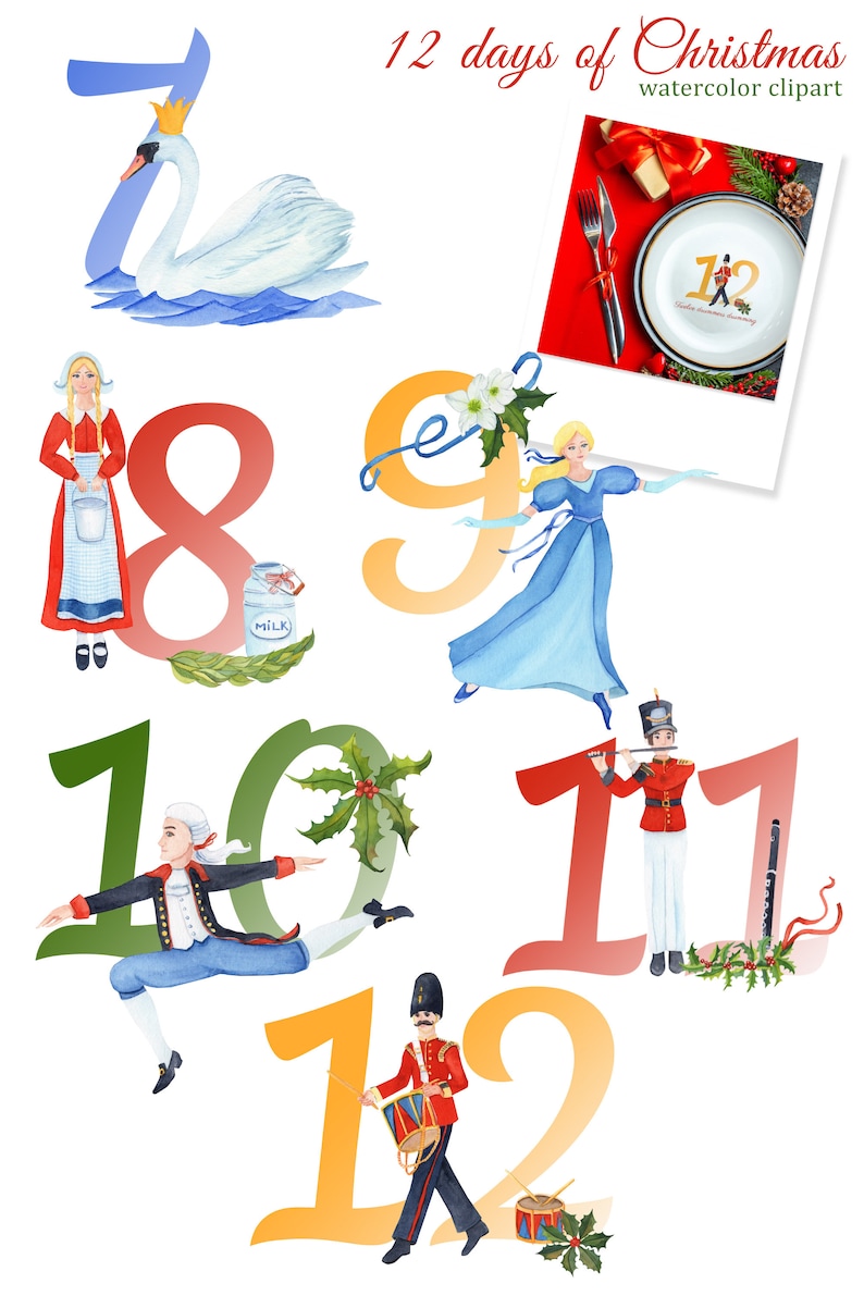 The Twelve Days of Christmas Watercolor Clipart, 12 Days, Partridge in ...