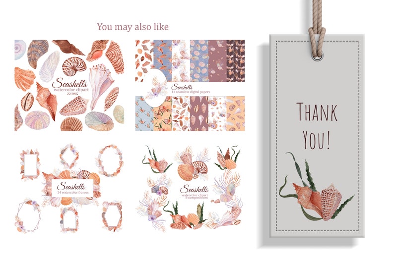May include: A digital download of watercolor seashell illustrations. The set includes 22 individual seashells, 12 seamless digital papers, 14 watercolor frames, and 10 composed bouquets. The text "Seashells" appears in the image.