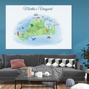 May include: A watercolor illustration of Martha's Vineyard, a popular island destination off the coast of Massachusetts. The map features various landmarks, including lighthouses, a ferry, and a bicycle. The island is depicted in shades of green, blue, and white.