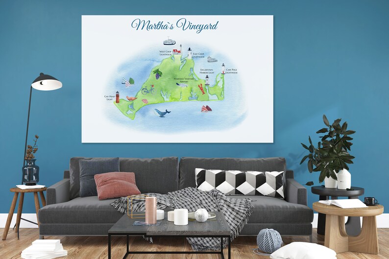 May include: A watercolor illustration of Martha's Vineyard, a popular island destination off the coast of Massachusetts. The map features various landmarks, including lighthouses, a ferry, and a bicycle. The island is depicted in shades of green, blue, and white.