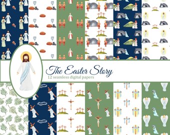 The Easter story digital paper set, Religious seamless pattern, He is risen, cross, Bible scrapbook paper