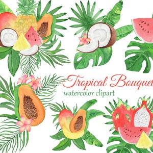 9 Aquarell tropischen Sträuße. Sommer tropischen Früchten Clipart.