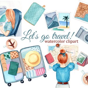 Reise Mädchen Aquarell Clipart, Mode Clipart, Sommer Clipart, Koffer, Kamera, Flugzeug