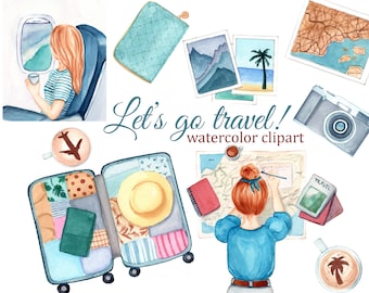 Travel girl watercolor clipart, fashion clipart, summer clipart, suitcase, camera, airplane