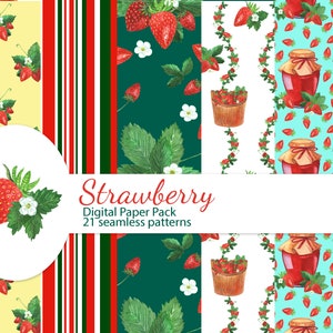 Erdbeere Digital Paper Pack, Erdbeere Sommer Scrapbook Set, Obst nahtlose Muster, sofortiger Download