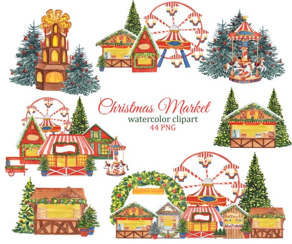 Christmas Market watercolor clipart, winter Christmas house PNG, Christmas village scene creator