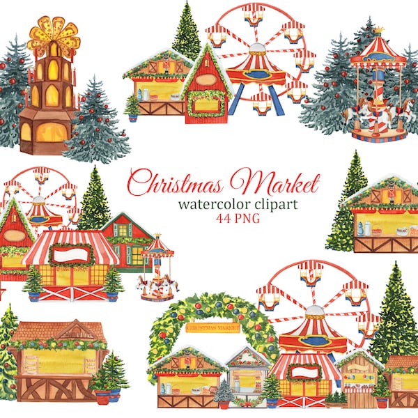 Christmas Market watercolor clipart, winter Christmas house PNG, Christmas village scene creator