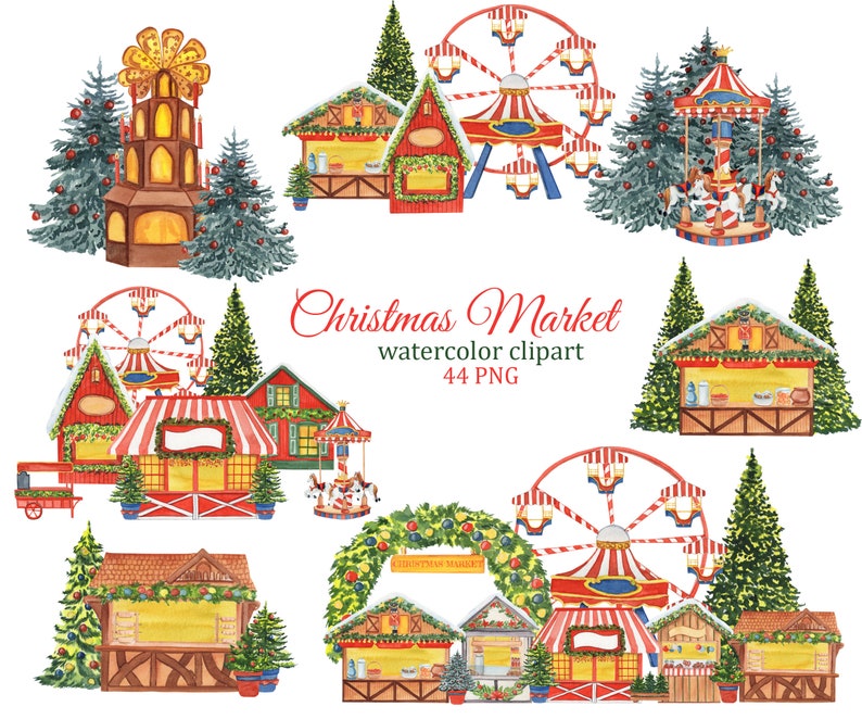 May include: Watercolor illustrations of a Christmas market with various stalls, a carousel, a Ferris wheel, and Christmas trees. The illustrations are in a whimsical style with bright colors and festive details.