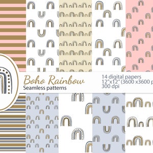 Boho Rainbow Digital Paper Pack, Watercolor Boho Rainbow Print, Baby Rainbow Paper Set, Nursery Print, Rainbow seamless pattern