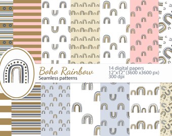 Boho Rainbow Digital Paper Pack, acuarela Boho Rainbow Print, Baby Rainbow Paper Set, Nursery Print, Rainbow seamless pattern