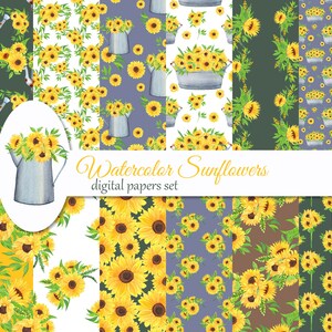 Sunflowers Digital Paper Pack. Watercolor scrapbook paper, decoupage paper