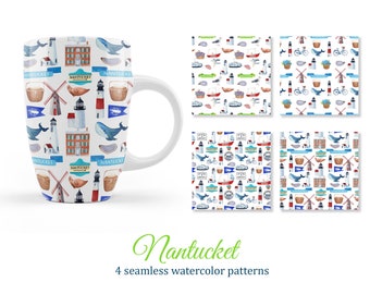 Nantucket seamless pattern, decoupage paper, digital background, watercolor clipart, souvenir products