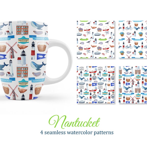 Nantucket seamless pattern, decoupage paper, digital background, watercolor clipart, souvenir products