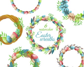 6 watercolor Easter wreaths, Easter frames, Easter eggs, PNG