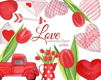 Love clipart, hearts png, watercolor Valentines Day clipart, red truck clipart, tulips