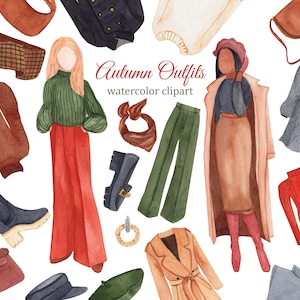 Autumn fashion watercolor illustration, fall fashion girl clipart, outfit collection for blog, magazine, planner stickers
