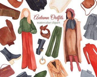 Ilustración de acuarela de moda de otoño, imágenes prediseñadas de chicas de moda de otoño, colección de ropa para blog, revista, pegatinas de planificador