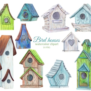 Könnte beinhalten: Zehn Aquarell-Illustrationen von Vogelhäusern in verschiedenen Stilen und Farben. Die Vogelhäuser sind in Grün-, Blau-, Braun- und Weißtönen bemalt. Die Illustrationen eignen sich perfekt für Bastelprojekte, Scrapbooking oder um Ihren Designs einen Hauch von Natur zu verleihen.