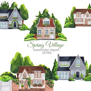 Frühling Dorfhäuser Aquarell Clipart, süßes Zuhause PNG, Szenenersteller, Haus Logo