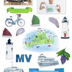 May include: Watercolor clipart featuring various elements associated with Martha's Vineyard, including a map of the island, a lighthouse, a ferry, a bicycle, a sailboat, a grapevine, a seal, a seagull, a pedestrian crossing sign, a dog, and the text "Martha's Vineyard".