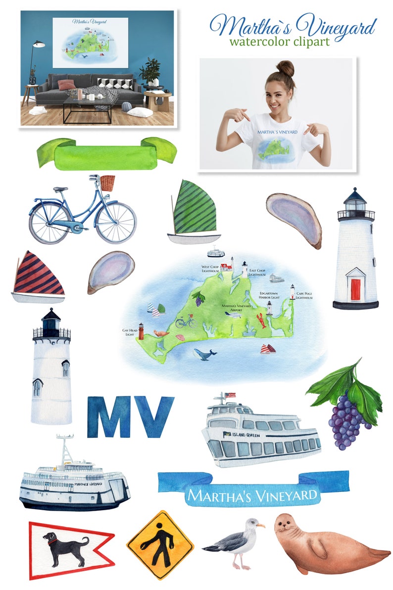 May include: Watercolor clipart featuring various elements associated with Martha's Vineyard, including a map of the island, a lighthouse, a ferry, a bicycle, a sailboat, a grapevine, a seal, a seagull, a pedestrian crossing sign, a dog, and the text "Martha's Vineyard".